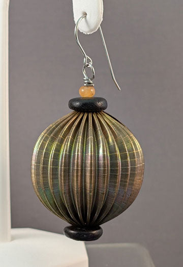 Vintage Beaded Earrings: Corrugated Brass with wood and Carnelian