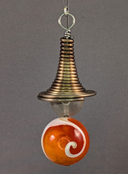 Vintage Beaded Earrings: Brass coiled cone with rose quartz & epoxy-filled shell