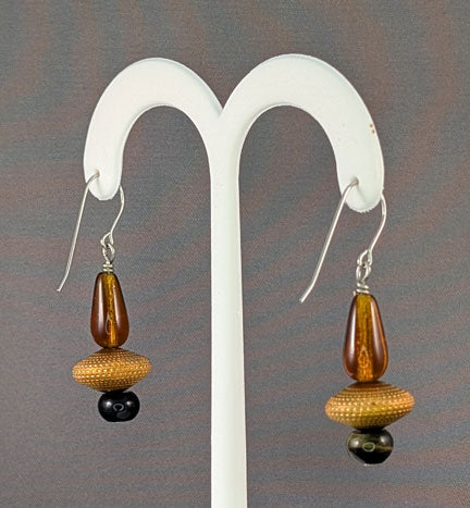 Vintage Beaded Earrings: Copper rondelle with honey German glass and blue tiger eye
