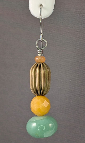 Vintage Beaded Earrings: Corrugated brass with carnelian, yellow jade, and aventurine