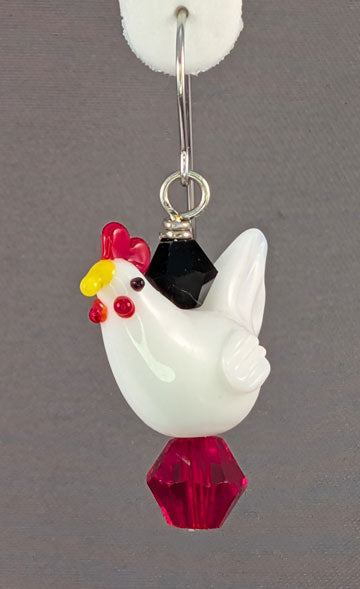White Rooster Lampworked Glass Earrings