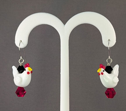 White Rooster Lampworked Glass Earrings