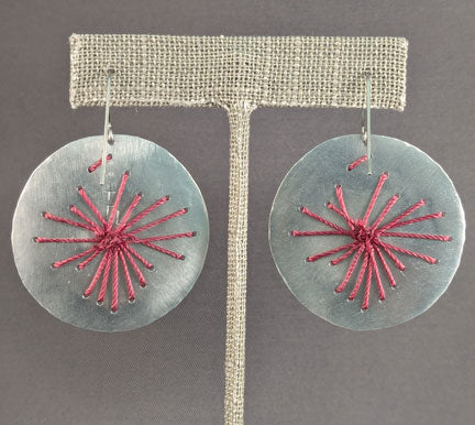 Textured Aluminum Earrings with Mauve Thread