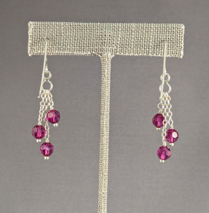 Triple Chain Drop Earrings: Magenta Swarovski