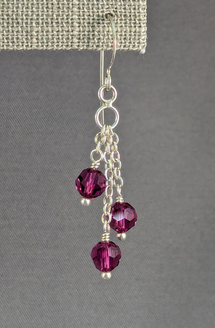 Triple Chain Drop Earrings: Magenta Swarovski