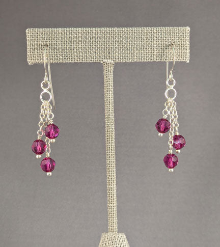 Triple Chain Drop Earrings: Magenta Swarovski