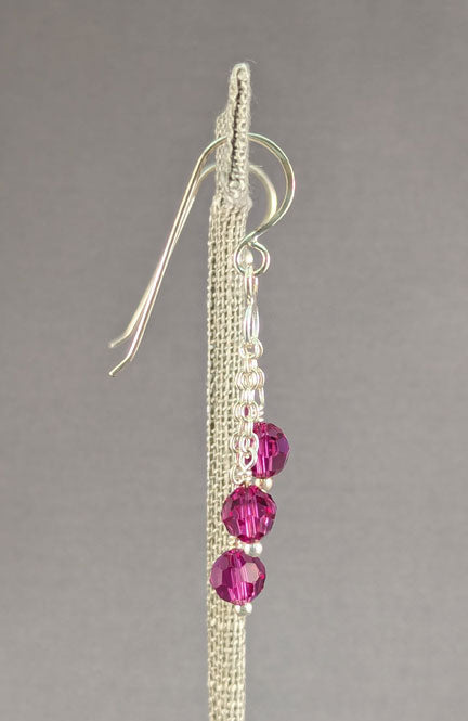 Triple Chain Drop Earrings: Magenta Swarovski