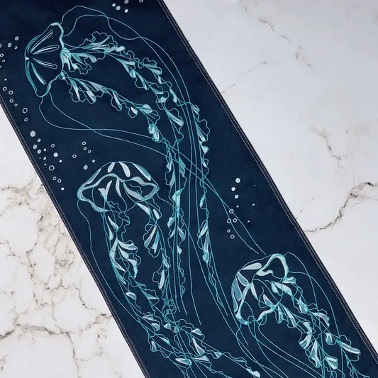 Jellyfish Dance Navy Embroidered Table Runner/Wall Tapestry