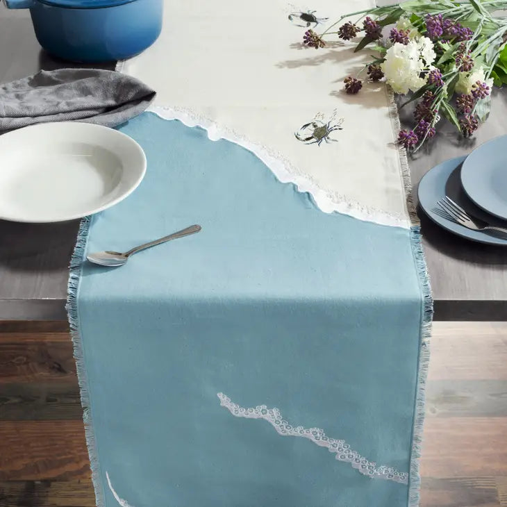 Embroidered Baby Crab and Beach Waves Table Runner