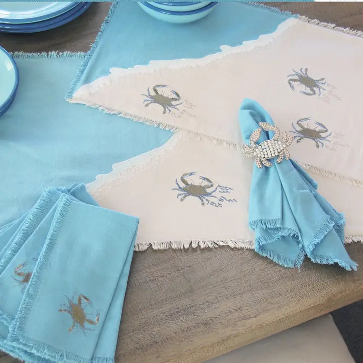 Embroidered Baby Crab and Beach Waves Table Runner