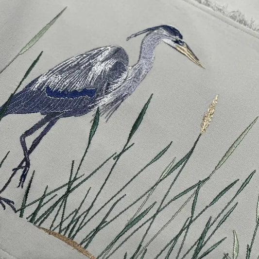 Blue Heron Embroidered on Grey Table Runner