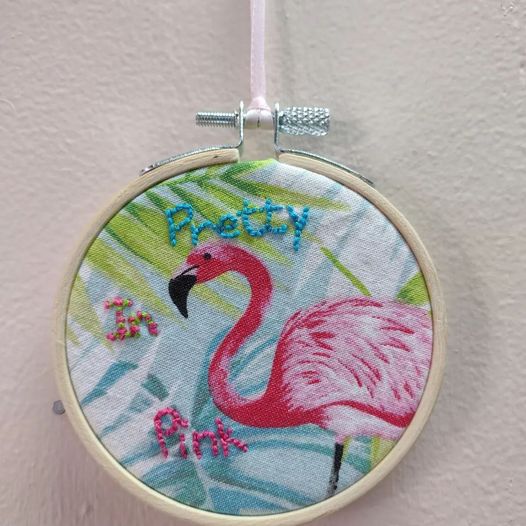 Pretty In Pink - Embroidered Fabric Flamingo in a Bamboo Hoop