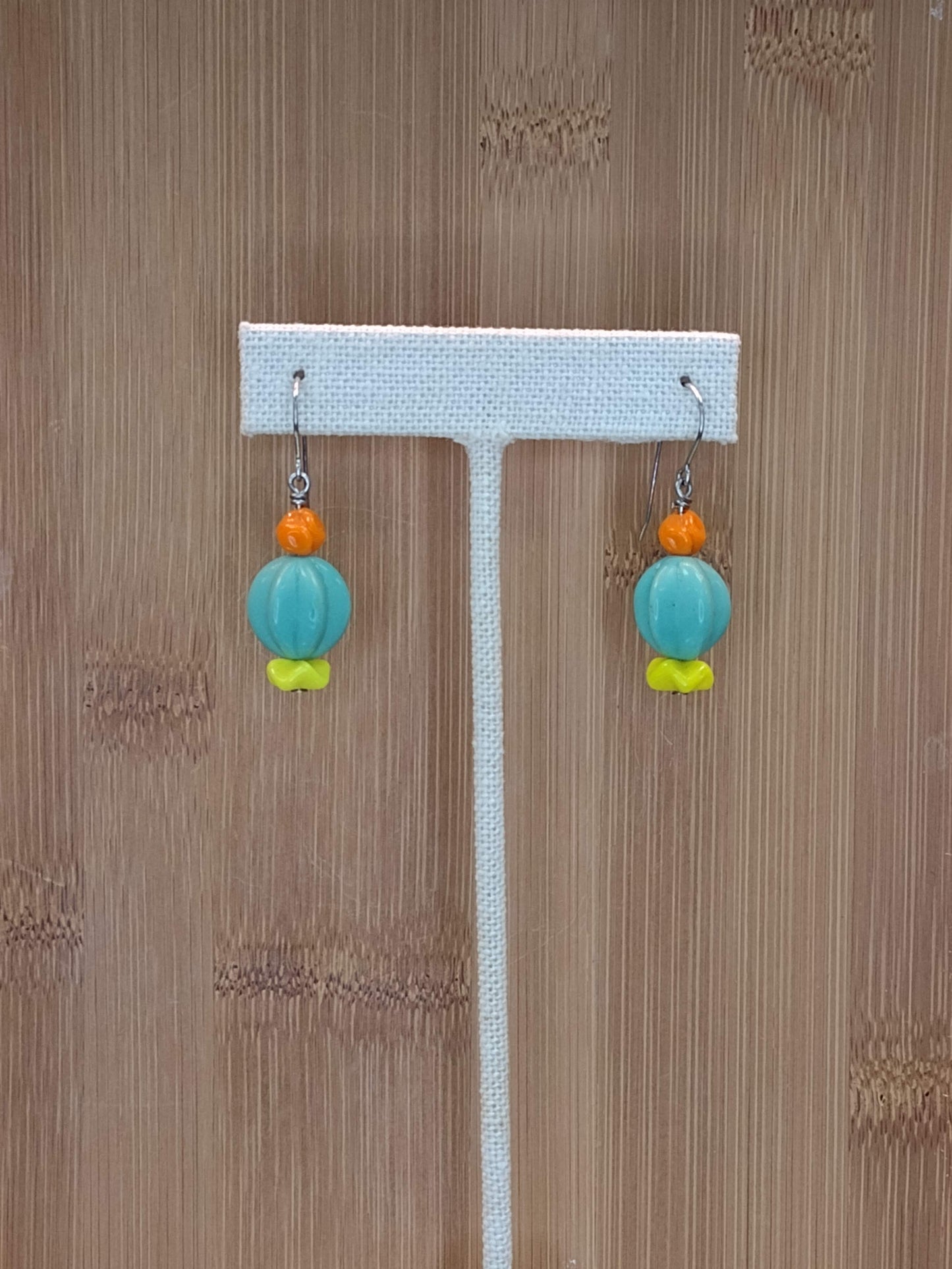 Orange, Aqua, and Yellow German Glass Beaded Earrings