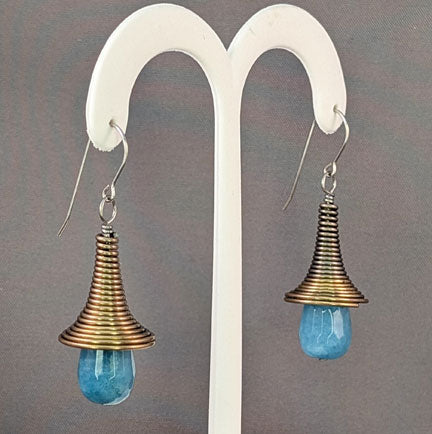 Vintage Beaded Earrings: Brass coiled cone with Angelite drop