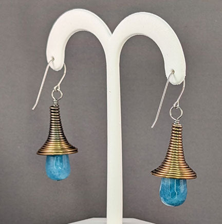Vintage Beaded Earrings: Brass coiled cone with Angelite drop