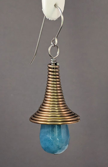 Vintage Beaded Earrings: Brass coiled cone with Angelite drop