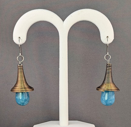 Vintage Beaded Earrings: Brass coiled cone with Angelite drop