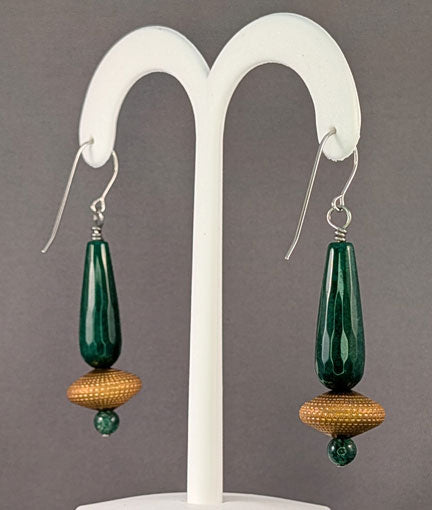 Vintage Beaded Earrings: Copper rondelle with green onyx and jade