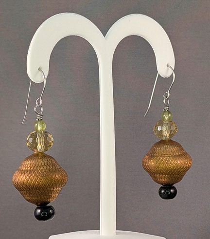 Vintage Beaded Earrings: Copper acorn with peridot, citrine, and blue tiger eye
