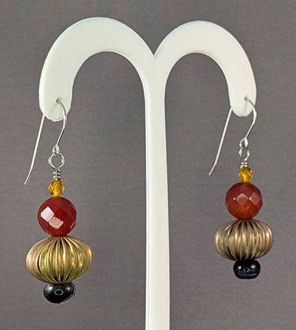 Vintage Beaded Earrings: Corrugated brass with orange crystal, carnelian and blue tiger eye