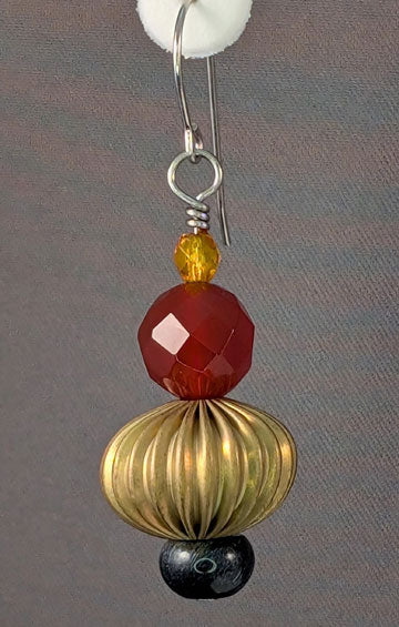 Vintage Beaded Earrings: Corrugated brass with orange crystal, carnelian and blue tiger eye