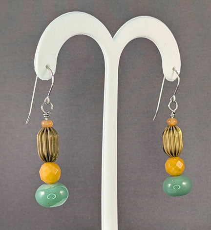 Vintage Beaded Earrings: Corrugated brass with carnelian, yellow jade, and aventurine