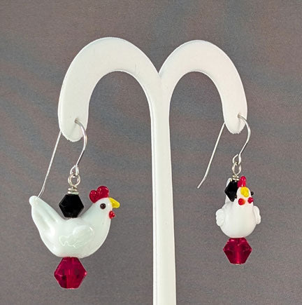 White Rooster Lampworked Glass Earrings