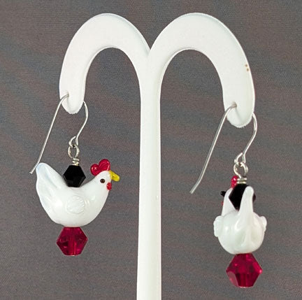 White Rooster Lampworked Glass Earrings