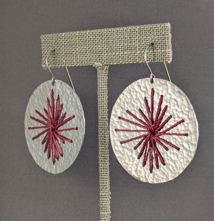 Textured Aluminum Earrings with Mauve Thread